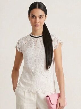 NWT White House Black Market Ivory Lace Cap Short Sleeve Top Black Velvet Tie